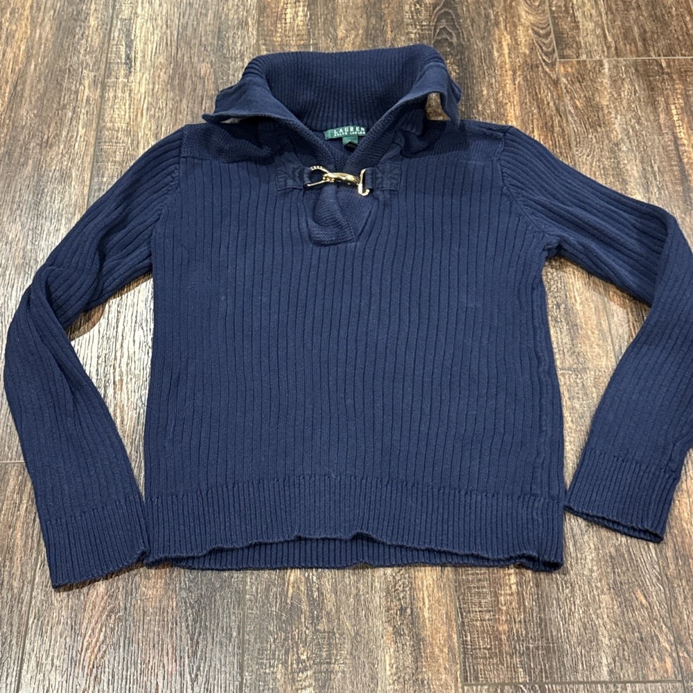 Lauren Ralph Lauren Womens LG Navy Blue Ribbed Cowl Neck Sweater Gold Clasp